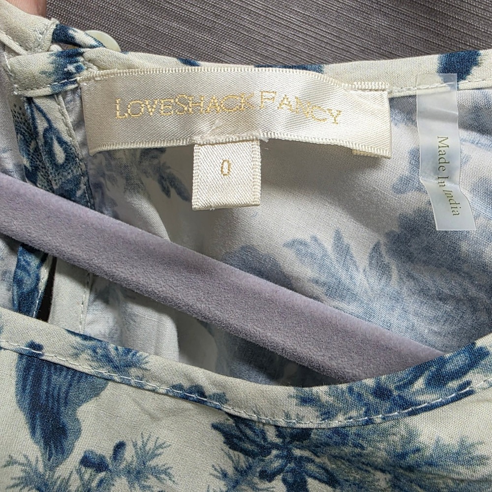 LoveShackFancy Blue Floral Toile Cotton Tiered‎ Ruffle Mini Dress Womens Size 0 - Picture 3 of 7